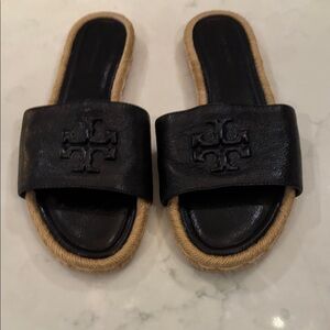 Tory Burch Black Leather Espadrille Slides